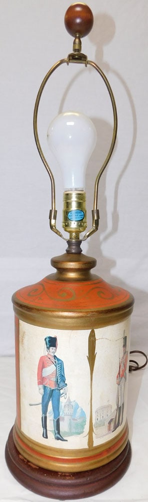 Ceramic Decoupage Revolutionary War Decorated Lamp: Ceramic Decoupage Revolutionary War Decorated Lamp. 24 3/4" H "ALL DESCRIPTIONS AND ANY CONDITION STATEMENT GIVEN BY LANGSTON AUCTION GALLERY ARE STRICTLY OPINIONS AND LANGSTON'S SHALL HAVE NO RESPONS