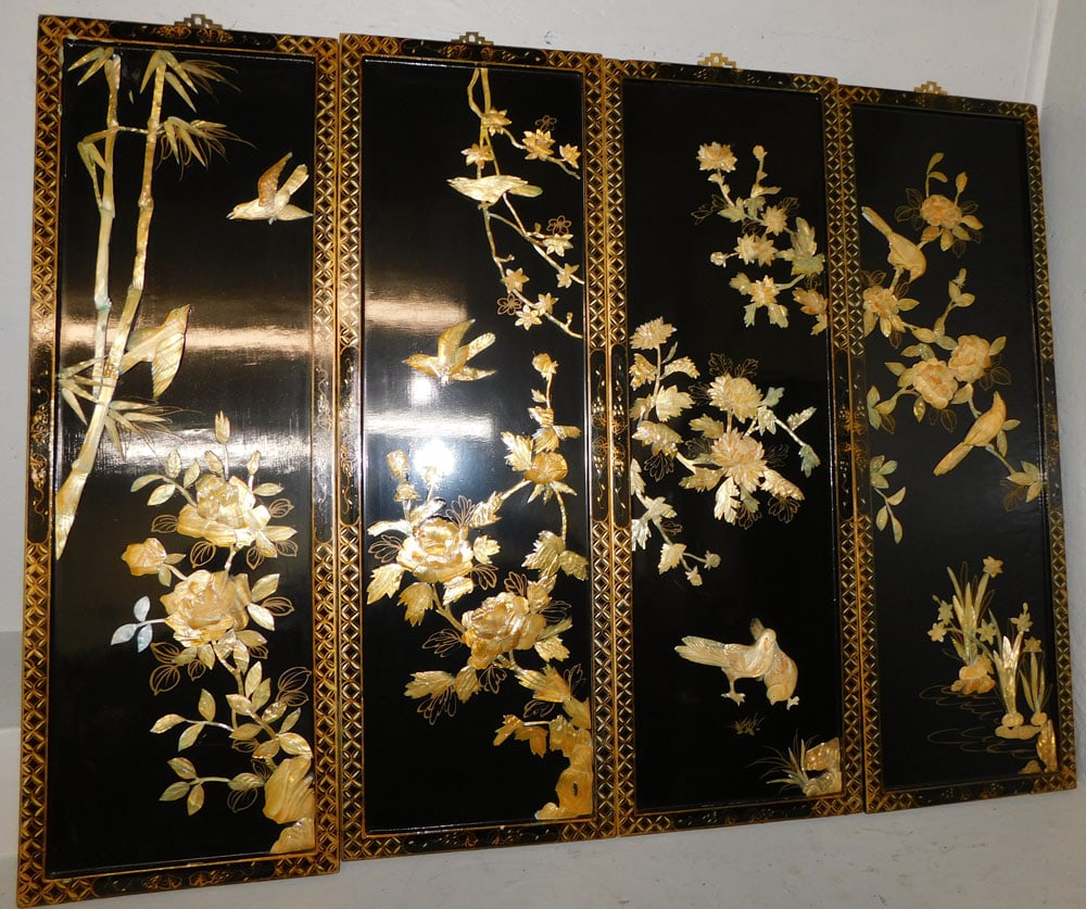 4 Paint Decorated Black Lacquered Hanging Panels with Mother of Pearl Inlay (1 of 3)