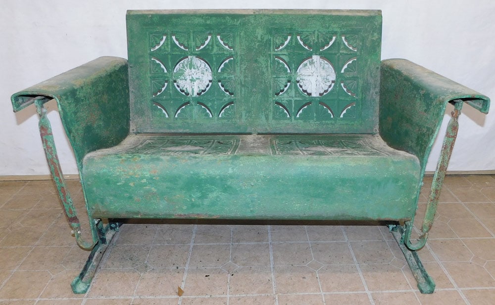 Antique Metal Glider: Antique Metal Glider . 31" W 29" D 32" H "ALL DESCRIPTIONS AND ANY CONDITION STATEMENT GIVEN BY LANGSTON AUCTION GALLERY ARE STRICTLY OPINIONS AND LANGSTON'S SHALL HAVE NO RESPONSIBILITY FOR ERRORS OR