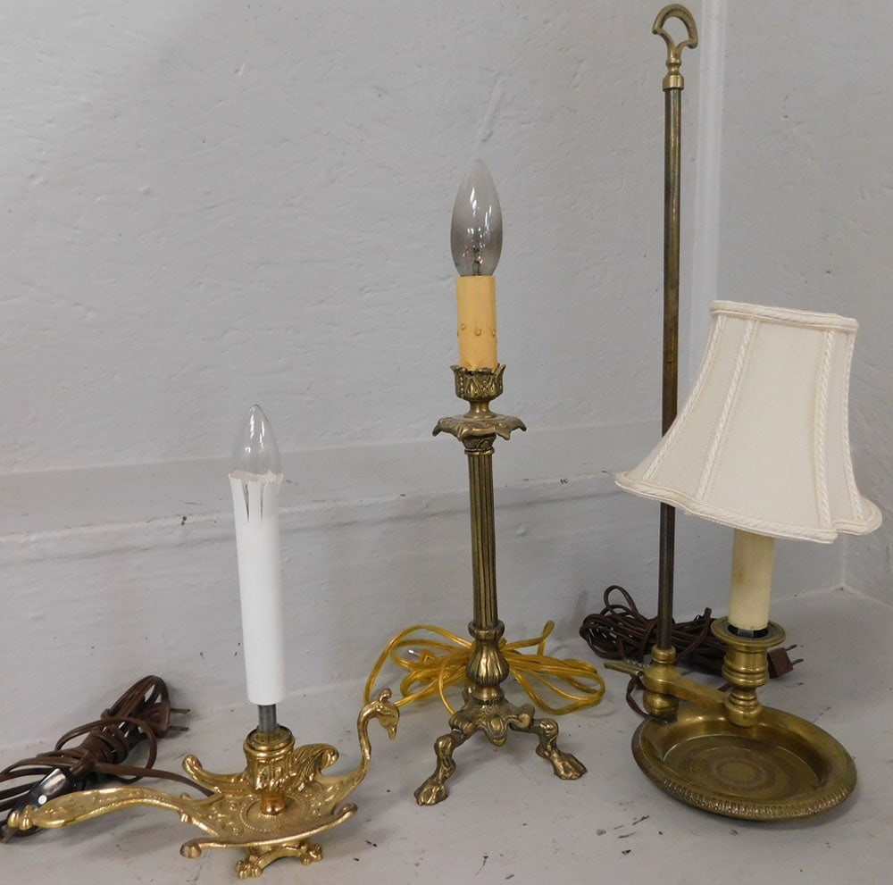 Lot of Brass Lamps: Lot of Brass Lamps. Up to 18 1/2" H "ALL DESCRIPTIONS AND ANY CONDITION STATEMENT GIVEN BY LANGSTON AUCTION GALLERY ARE STRICTLY OPINIONS AND LANGSTON'S SHALL HAVE NO RESPONSIBILITY FOR ERRORS OR OMIS