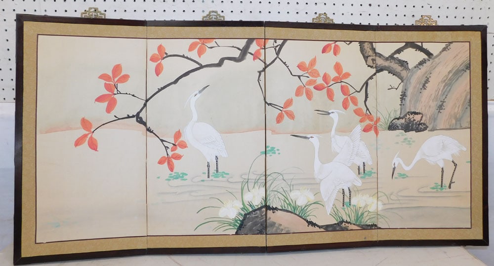 Oriental Watercolor 4 Panel Wall Screen with Heron Motif (1 of 3)