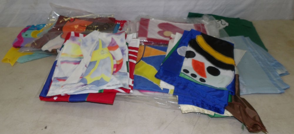 Lot of Decorative Flags: Lot of Decorative Flags. ALL DESCRIPTIONS AND ANY CONDITION STATEMENT GIVEN BY LANGSTON AUCTION GALLERY ARE STRICTLY OPINIONS AND LANGSTON'S SHALL HAVE NO RESPONSIBILITY FOR ERRORS OR OMISSIONS. THE A