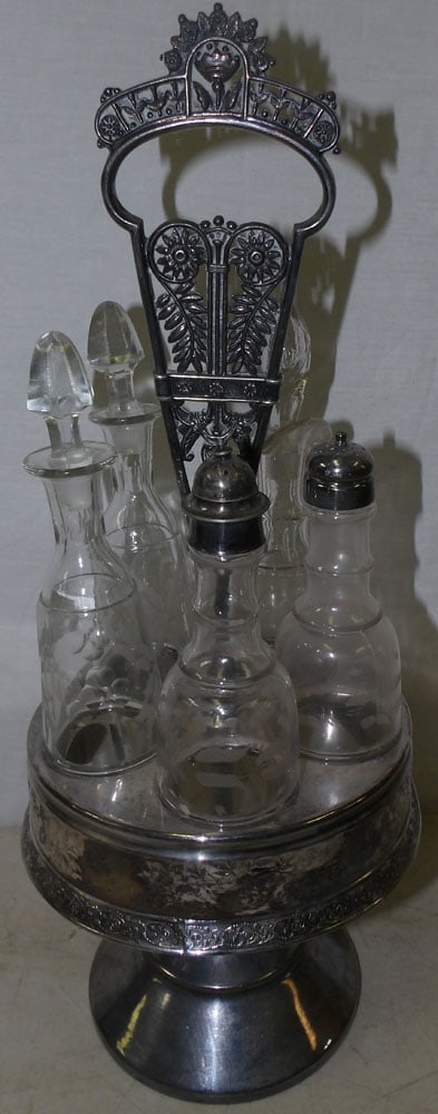 Silverplate Cruet Set with Etched Glass Bottles (1 of 3)