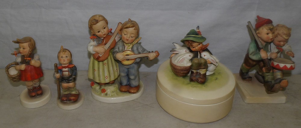 Lot of 5 Hummel Figurines, (1 Covered Jar): Lot of 5 Hummel Figurines, (1 Covered Jar). ALL DESCRIPTIONS AND ANY CONDITION STATEMENT GIVEN BY LANGSTON AUCTION GALLERY ARE STRICTLY OPINIONS AND LANGSTON'S SHALL HAVE NO RESPONSIBILITY FOR ERRORS 