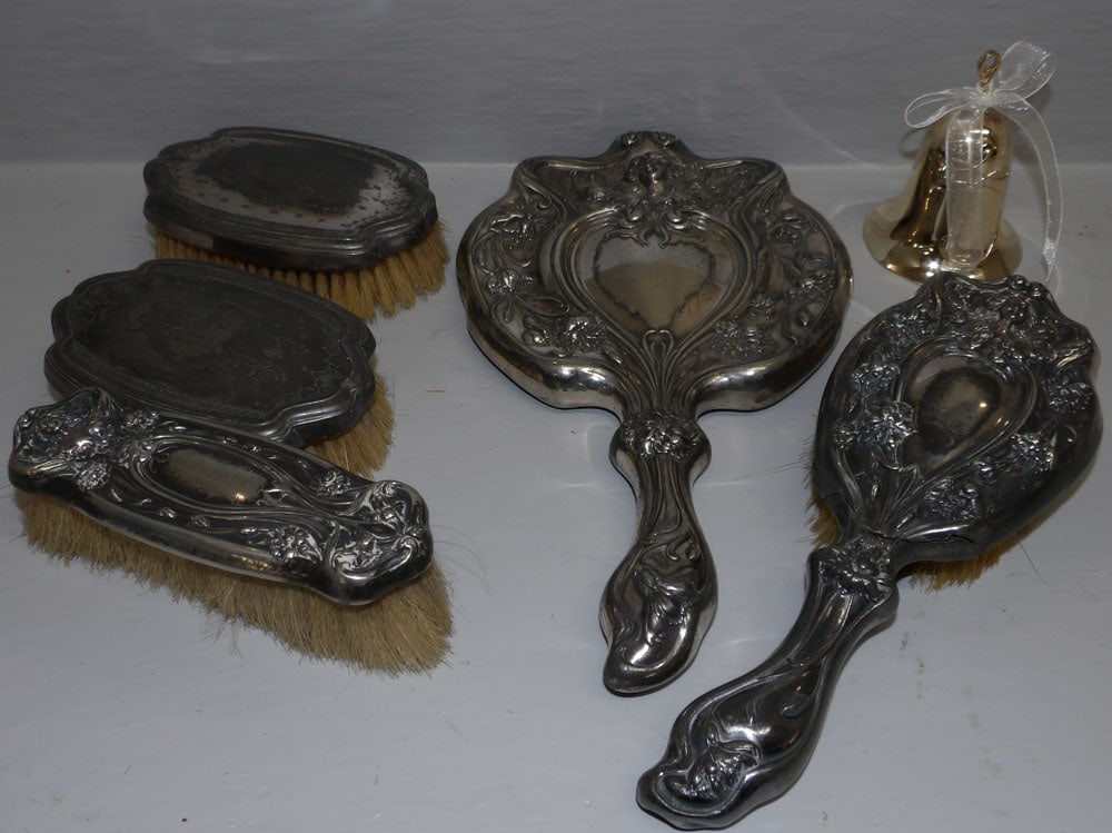 Antique Ornate Silverplated Art Nouveau Dresser Set & Signed Waterford Bell Ornament (1 of 6)