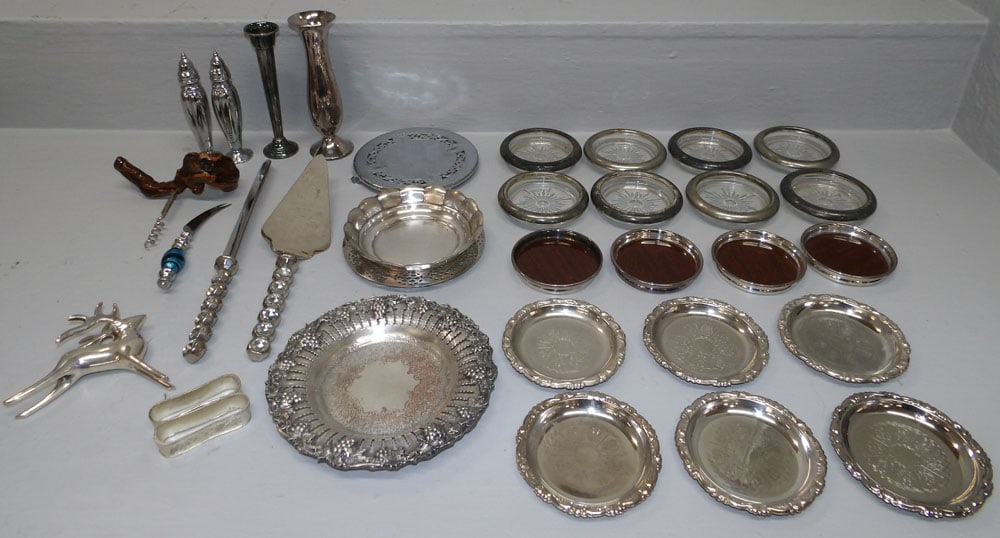 Lot of Silverplate & Italian Coasters, Sheffield Grape & Cable Tray, Bud Vases, & Serving Pieces (1 of 5)