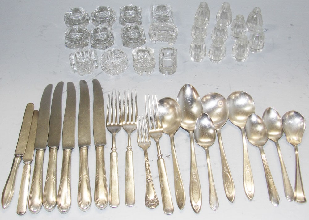 Lot of Antique Silverplate Flatware & Antique Glass Master Salt Cellars (1 of 5)