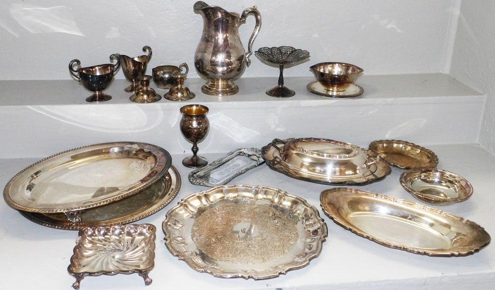Lot of Silverplate Water Pitcher, Covered Dish, Silver on Copper Tray, & Other Trays/Pieces (1 of 7)