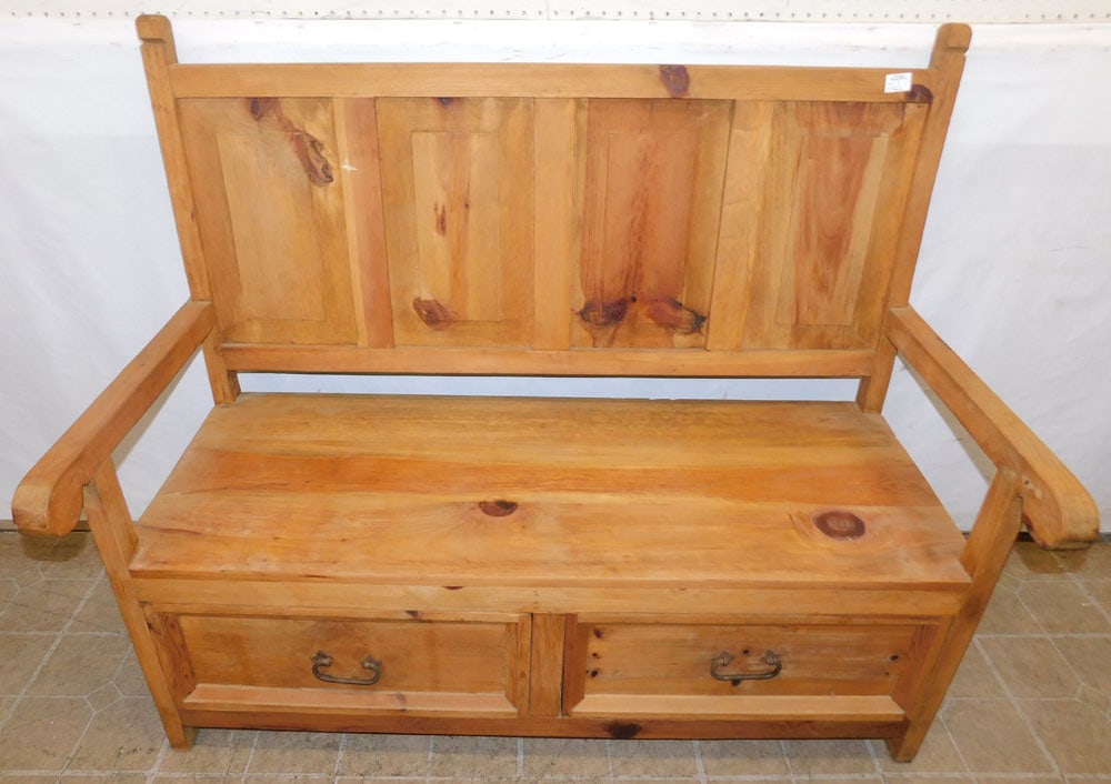 Pine Bench: Pine Bench . 51" W 24 1/4" D 43 1/4" H ALL DESCRIPTIONS AND ANY CONDITION STATEMENT GIVEN BY LANGSTON AUCTION GALLERY ARE STRICTLY OPINIONS AND LANGSTON'S SHALL HAVE NO RESPONSIBILITY FOR ERRORS OR OM