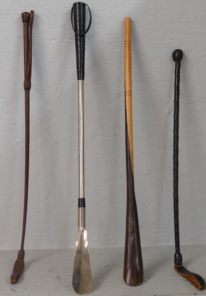 Lot of Jockey Whips & Shoe Horns: Lot of Jockey Whips & Shoe Horns. Up to 26" L ALL DESCRIPTIONS AND ANY CONDITION STATEMENT GIVEN BY LANGSTON AUCTION GALLERY ARE STRICTLY OPINIONS AND LANGSTON'S SHALL HAVE NO RESPONSIBILITY FOR ERROR