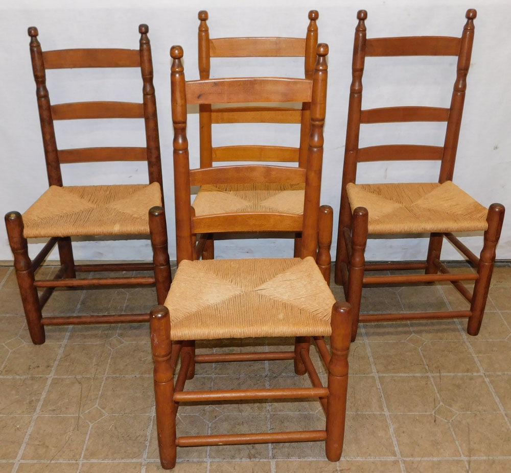 Set of 4 Antique Ladder Back Dining Chairs with Rush Seats (1 of 5)