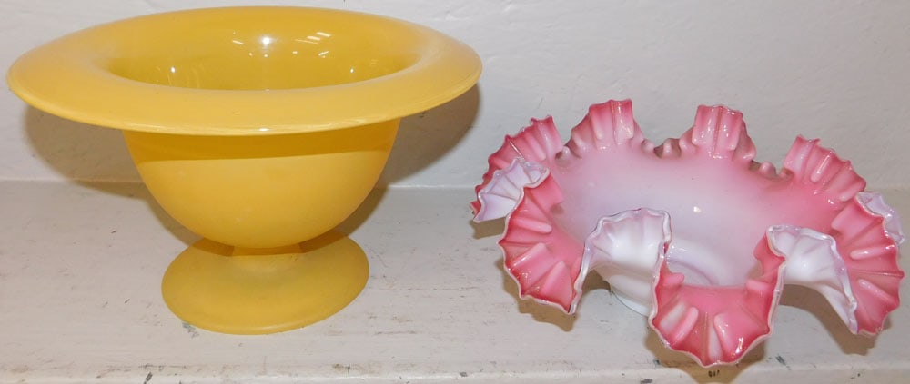 Art Glass Brides Basket & Painted Glass Compote: Art Glass Brides Basket & Painted Glass Compote. Up to 10" Dia. 6" H ALL DESCRIPTIONS AND ANY CONDITION STATEMENT GIVEN BY LANGSTON AUCTION GALLERY ARE STRICTLY OPINIONS AND LANGSTON'S SHALL HAVE NO R