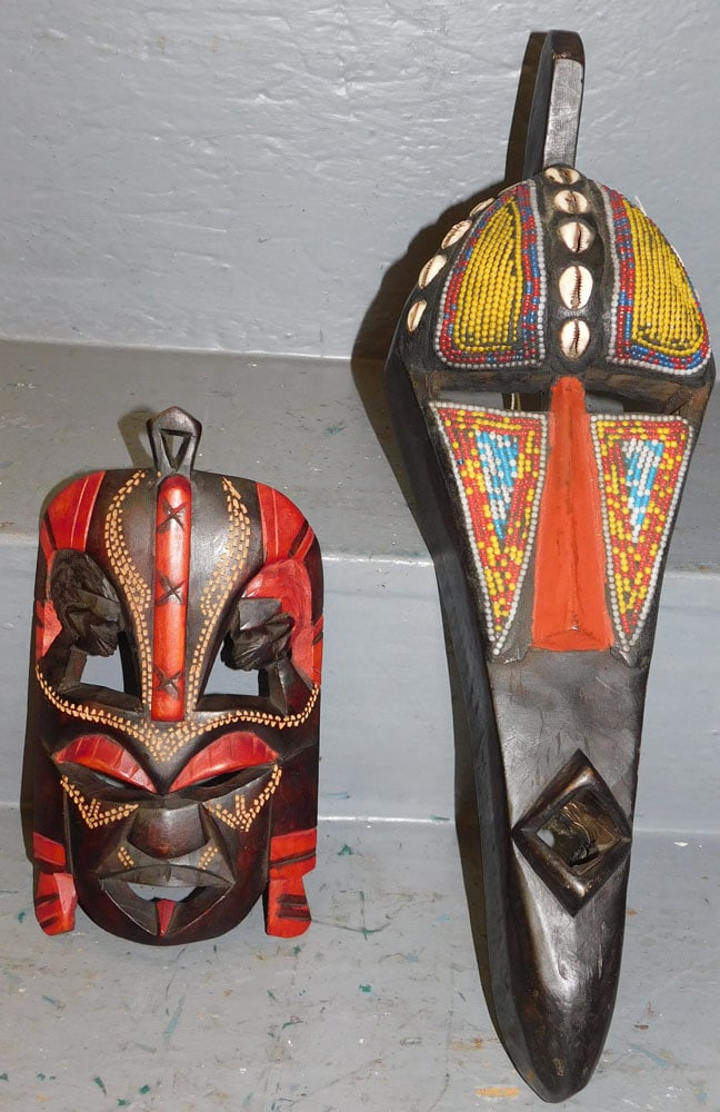 2 Carved Wood Masks, (1 Beaded & Shell Decorated) (1 of 4)