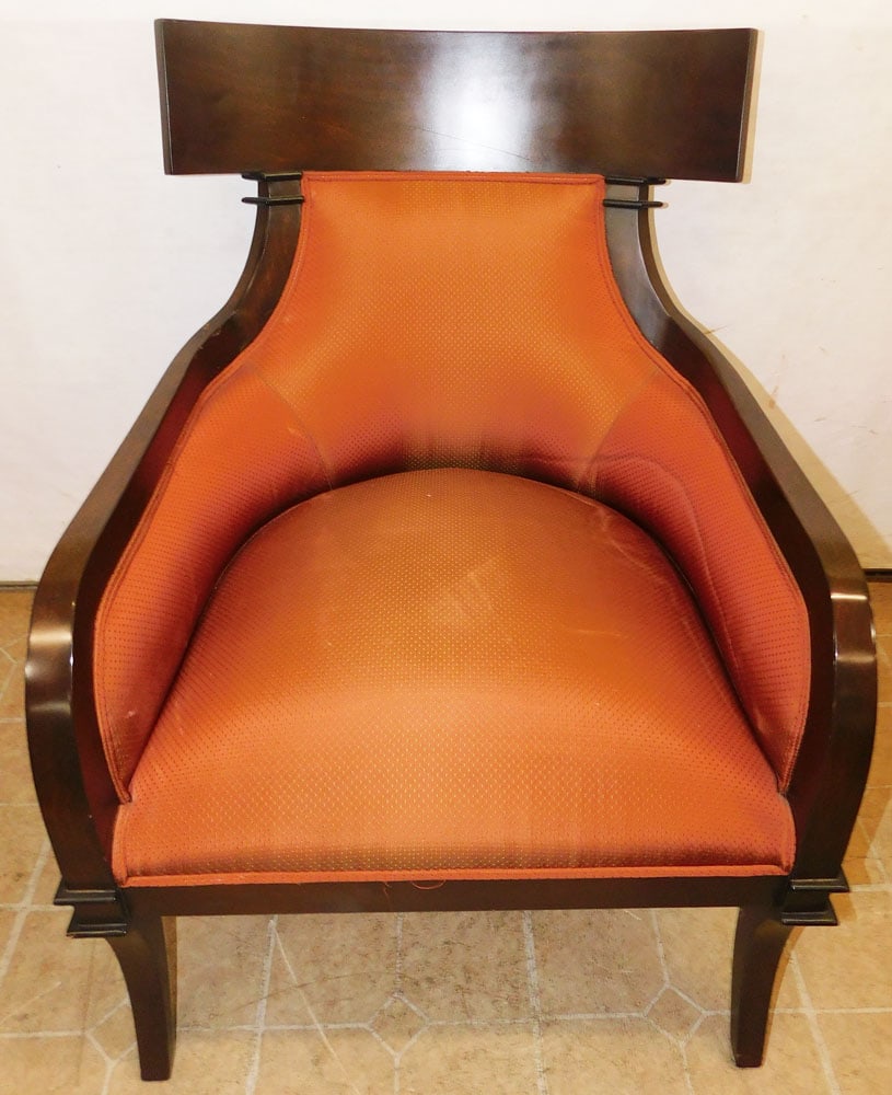 Modern Cherry & Upholstered Arm Chair: Modern Cherry & Upholstered Arm Chair. 36" H ALL DESCRIPTIONS AND ANY CONDITION STATEMENT GIVEN BY LANGSTON AUCTION GALLERY ARE STRICTLY OPINIONS AND LANGSTON'S SHALL HAVE NO RESPONSIBILITY FOR ERRORS