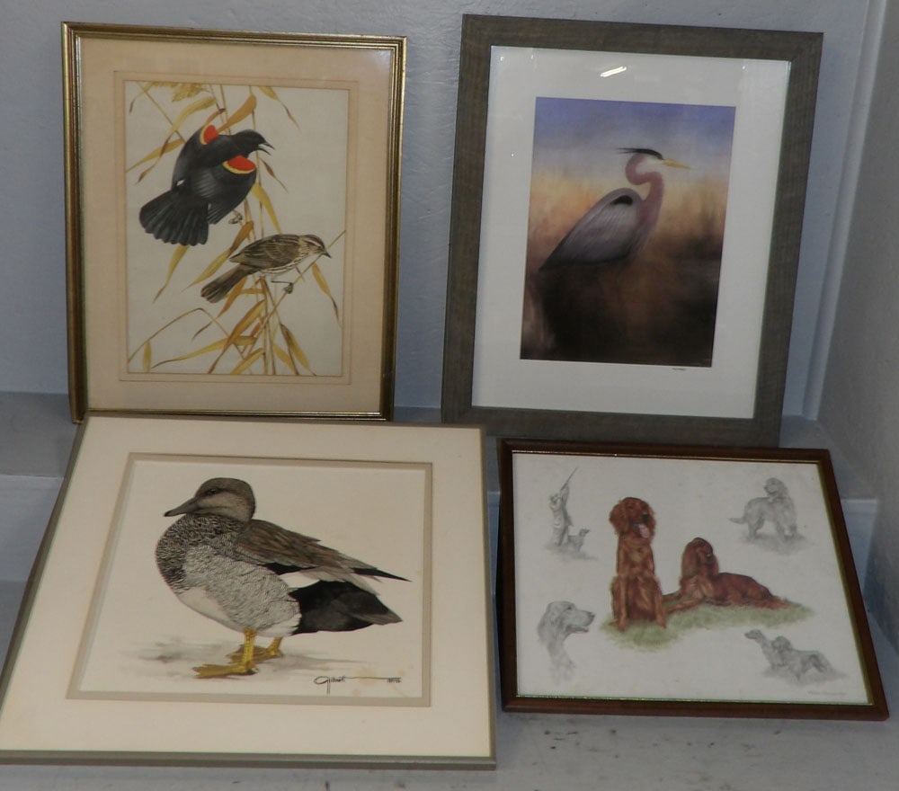 Framed Hunt Dog Print, Watercolor of a Duck, Framed Heron Print, & Bird Print (1 of 6)