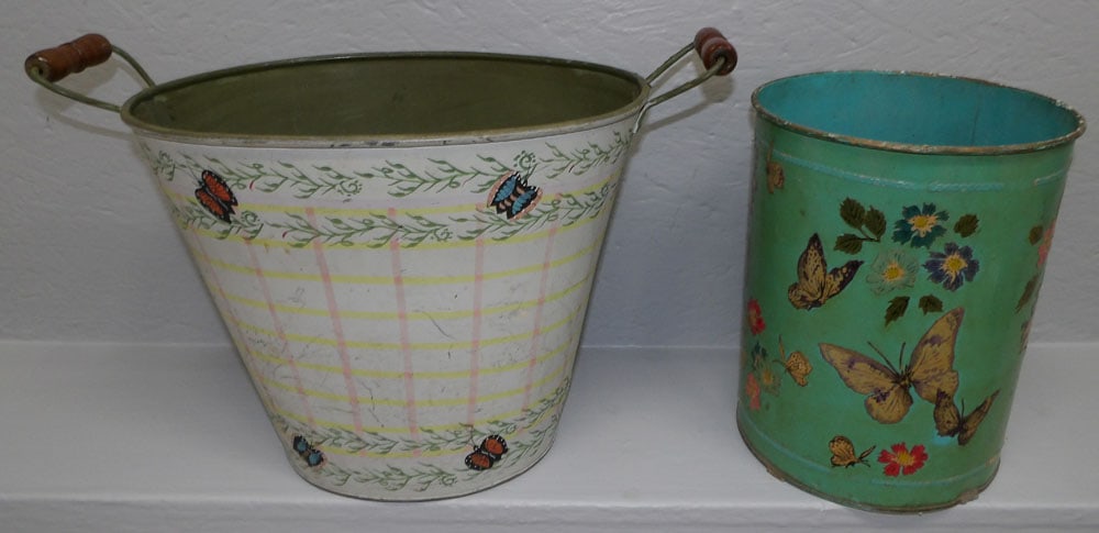 Painted Tole Wine Cooler & Paint Decorated Decoupage Butterfly Waste Basket: Painted Tole Wine Cooler & Paint Decorated Decoupage Butterfly Waste Basket. Up to 13 1/2" H ALL DESCRIPTIONS AND ANY CONDITION STATEMENT GIVEN BY LANGSTON AUCTION GALLERY ARE STRICTLY OPINIONS AND LA