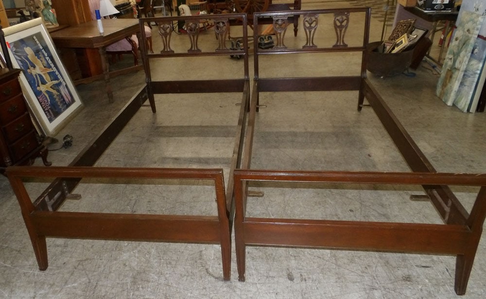 Pair of Carved Walnut Twin Beds with Rails (1 of 4)