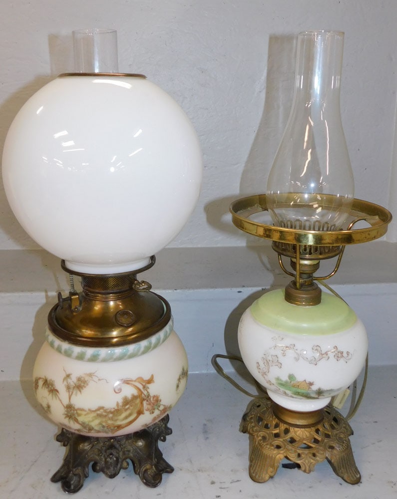 2 Antique Painted Glass Hurricane Shade Lamps (1 of 5)