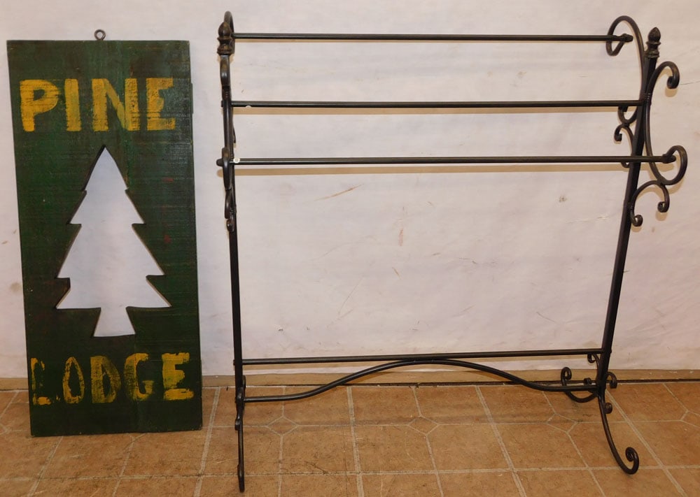 Metal Towel Rack & Painted Pine Lodge Wall Sign (1 of 4)