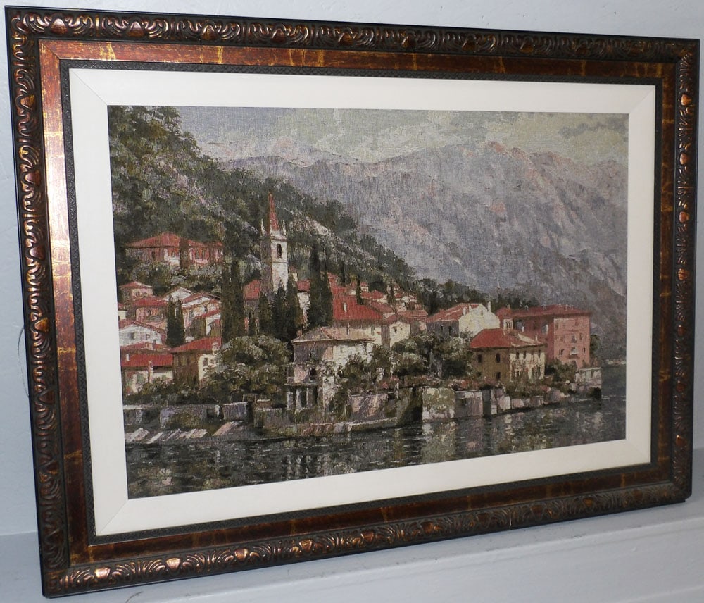 Large Framed Tapestry of an Italian Village & Mountain Scene (1 of 3)