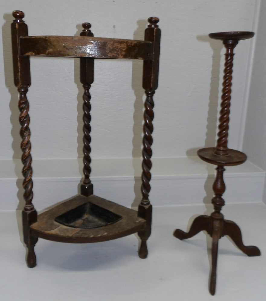 Antique Oak Barley Twist Umbrella Stand & Candle Stand (1 of 3)