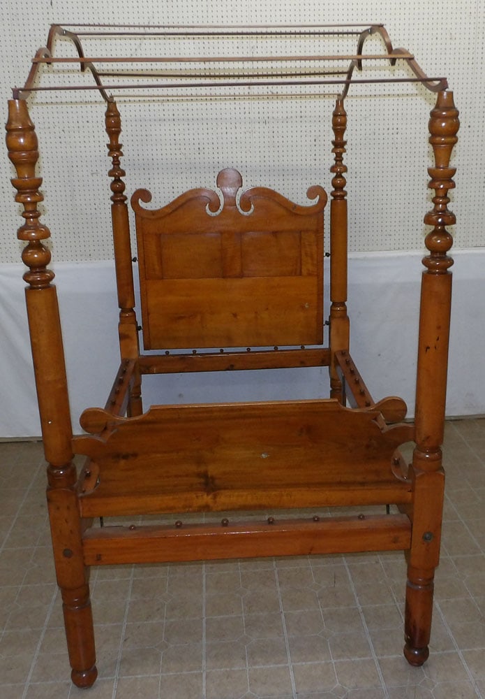19th Century Tiger Maple Four Poster Rope Bed with Canopy (1 of 5)