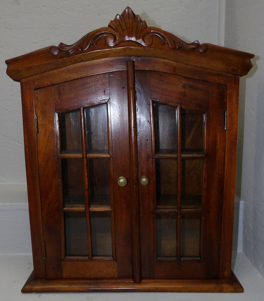 Hanging Carved Mahogany Glass Door Wall Cabinet (1 of 5)