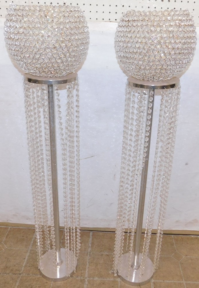 Pair of Large Crystal Beaded & Metal Candleholders: Pair of Large Crystal Beaded & Metal Candleholders. 44 1/2" H ALL DESCRIPTIONS AND ANY CONDITION STATEMENT GIVEN BY LANGSTON AUCTION GALLERY ARE STRICTLY OPINIONS AND LANGSTON'S SHALL HAVE NO RESPONSI