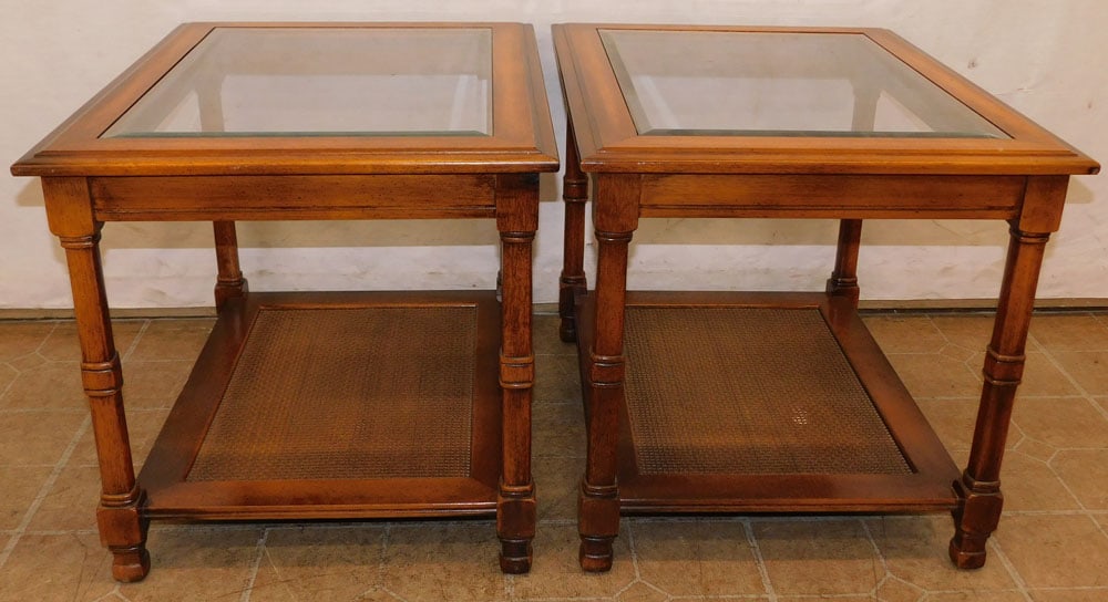 Pair of Mahogany Bamboo Turned Glass Top End Tables: Pair of Mahogany Bamboo Turned Glass Top End Tables. 21" W 27" D 21" H ALL DESCRIPTIONS AND ANY CONDITION STATEMENT GIVEN BY LANGSTON AUCTION GALLERY ARE STRICTLY OPINIONS AND LANGSTON'S SHALL HAVE NO