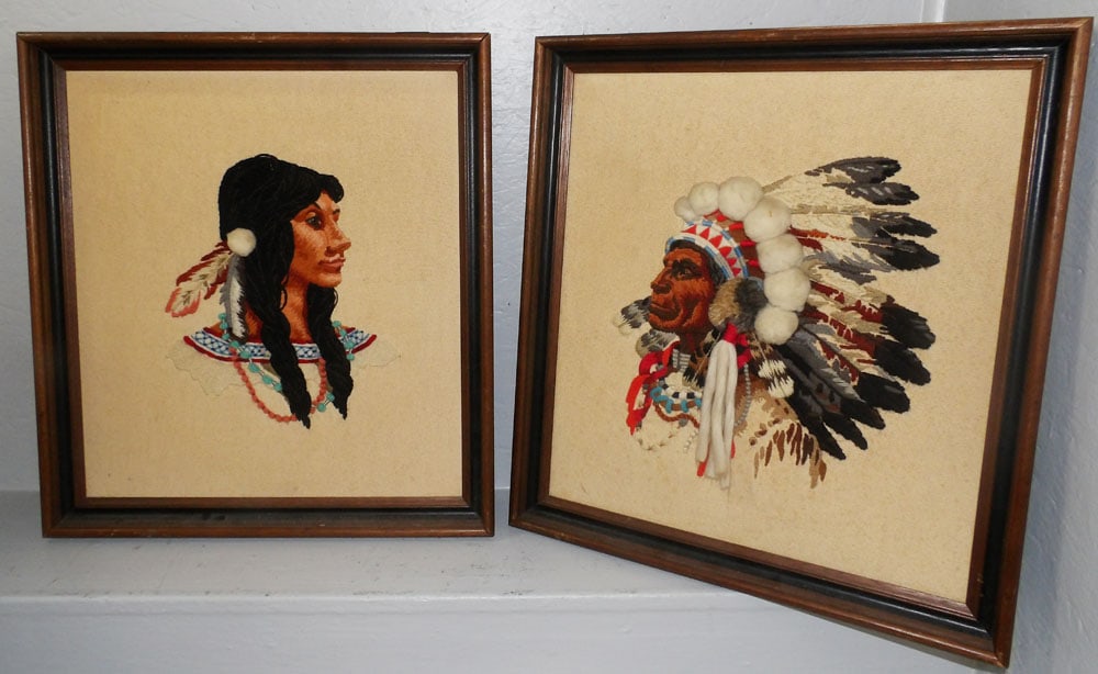 2 Native American Embroideries in Walnut Frames: 2 Native American Embroideries in Walnut Frames. 20 1/2" x 22 1/2" ALL DESCRIPTIONS AND ANY CONDITION STATEMENT GIVEN BY LANGSTON AUCTION GALLERY ARE STRICTLY OPINIONS AND LANGSTON'S SHALL HAVE NO RES