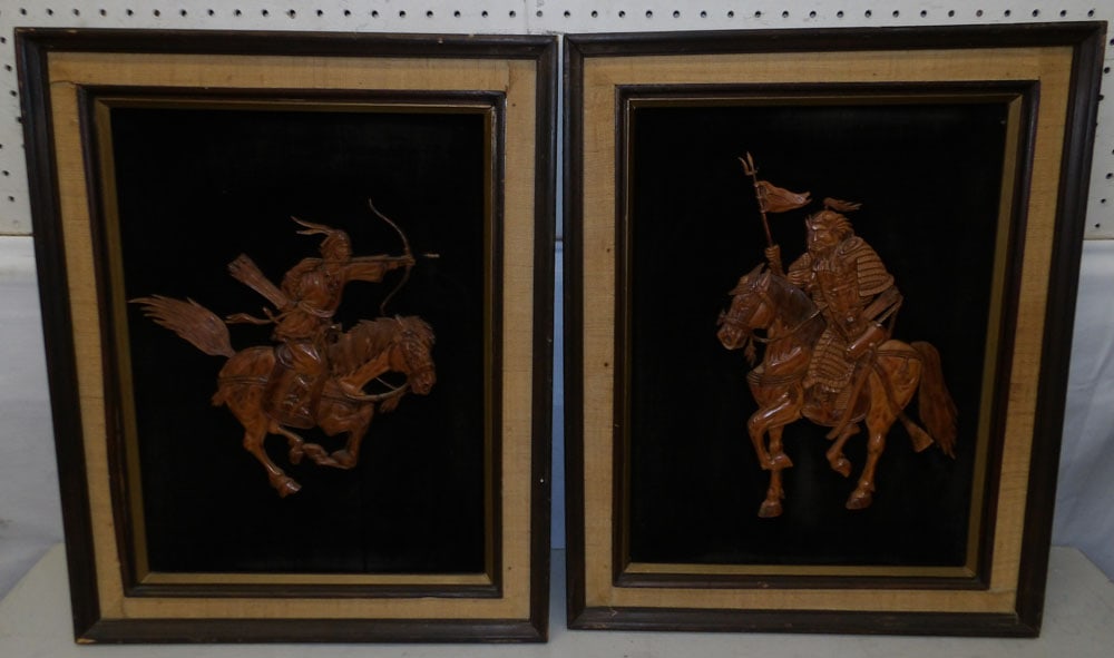 Pair of Framed Oriental Carved Wood Plaques (1 of 4)