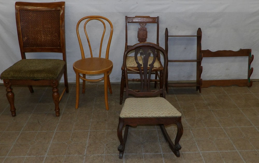 Lot of Side Chairs, Rocker, Gun Rack, & Walnut Shelf: Lot of Side Chairs, Rocker, Gun Rack, & Walnut Shelf. Up to 40 3/4" H ALL DESCRIPTIONS AND ANY CONDITION STATEMENT GIVEN BY LANGSTON AUCTION GALLERY ARE STRICTLY OPINIONS AND LANGSTON'S SHALL HAVE NO 
