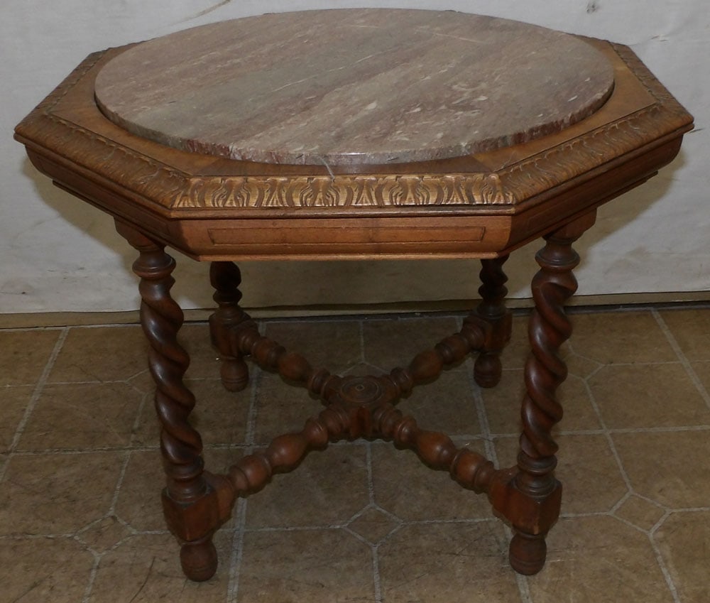 Octagonal Carved Walnut Marble Top Stand (1 of 2)