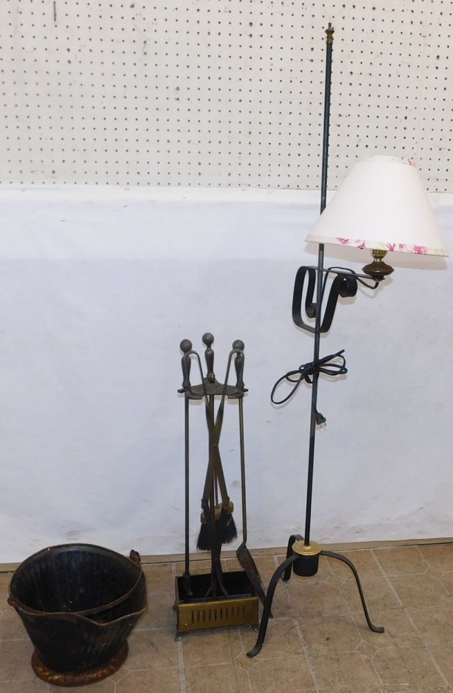 Set of Metal Fire Tools, Coal Bucket, & Wrought Iron Floor Lamp (1 of 2)