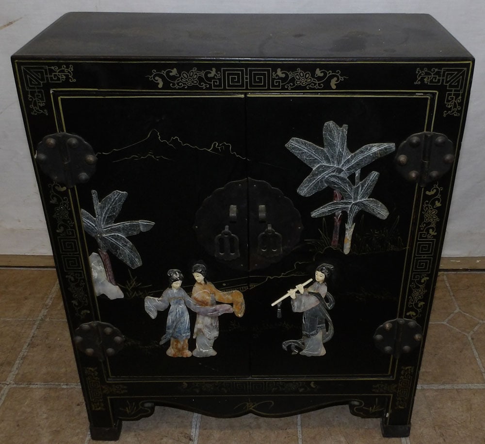 Small Black Lacquered & Carved Soapstone Decorated Oriental Cabinet (1 of 5)