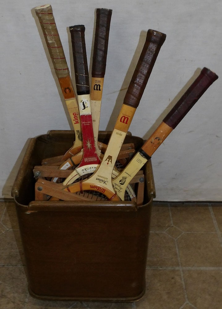 Lot of Vintage Tennis Rackets & Mid Century Modern Bentwood Waste Basket: Lot of Vintage Tennis Rackets & Mid Century Modern Bentwood Waste Basket. Up to 27 1/4" L ALL DESCRIPTIONS AND ANY CONDITION STATEMENT GIVEN BY LANGSTON AUCTION GALLERY ARE STRICTLY OPINIONS AND LANGS