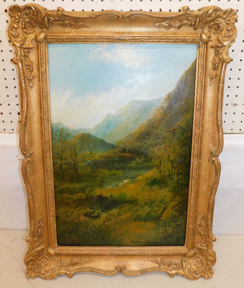 Antique Oil on Canvas Fishing Scene Signed by Artist: Antique Oil on Canvas Fishing Scene Signed by Artist. 21 1/2" x 29 1/2" "ALL DESCRIPTIONS AND ANY CONDITION STATEMENT GIVEN BY LANGSTON AUCTION GALLERY ARE STRICTLY OPINIONS AND LANGSTON'S SHALL HAVE 