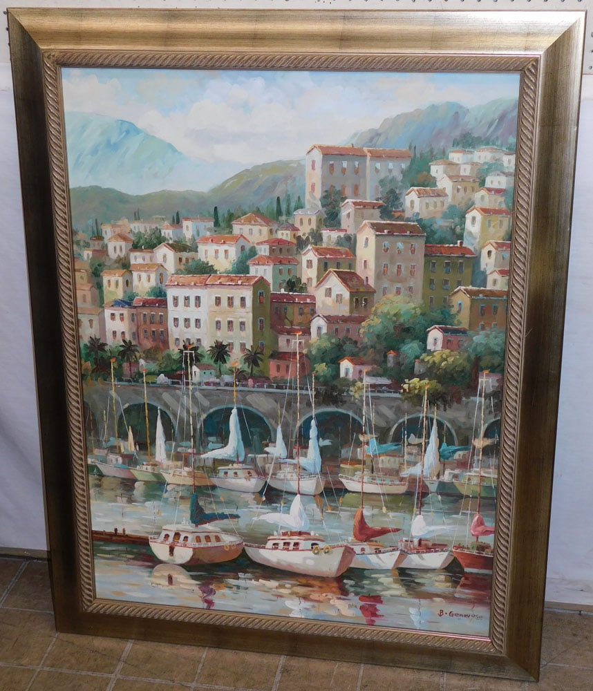 Large Oil on Canvas of Venetian Sailboats & Mountain Villa Scene Signed B. Genovese (1 of 5)