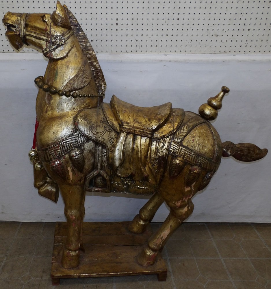 Large Gilded Carved Wood Horse Statue: Large Gilded Carved Wood Horse Statue . 51" L 52" H "ALL DESCRIPTIONS AND ANY CONDITION STATEMENT GIVEN BY LANGSTON AUCTION GALLERY ARE STRICTLY OPINIONS AND LANGSTON'S SHALL HAVE NO RESPONSIBILITY FO