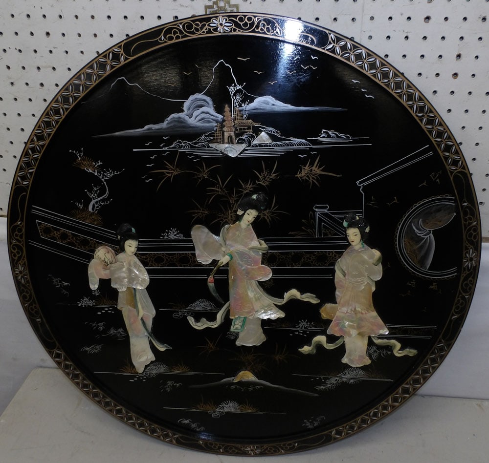 Round Black Lacquered Oriental Panel with Mother of Pearl Inlay (1 of 4)