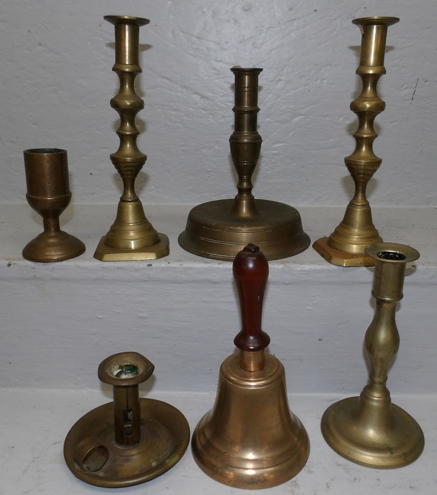 Lot of Antique Brass Candlesticks & Bell (1 of 3)