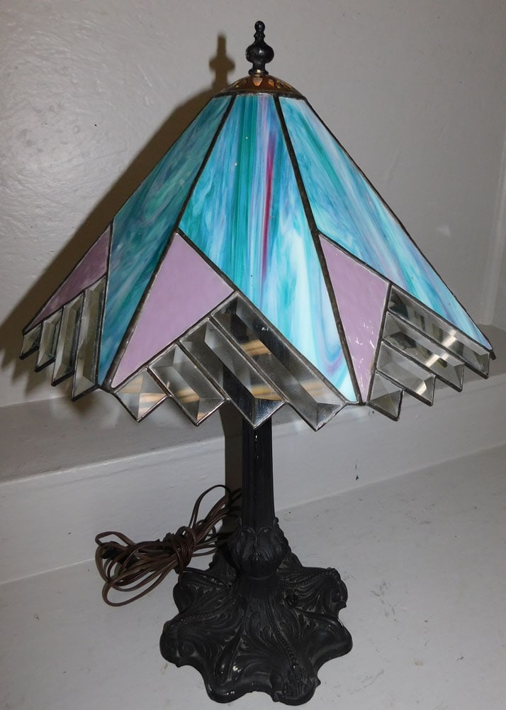 Antique Leaded Stain Glass Shade Lamp: Antique Leaded Stain Glass Shade Lamp. 16 1/4" Dia. 24 1/2" H "ALL DESCRIPTIONS AND ANY CONDITION STATEMENT GIVEN BY LANGSTON AUCTION GALLERY ARE STRICTLY OPINIONS AND LANGSTON'S SHALL HAVE NO RESPONS