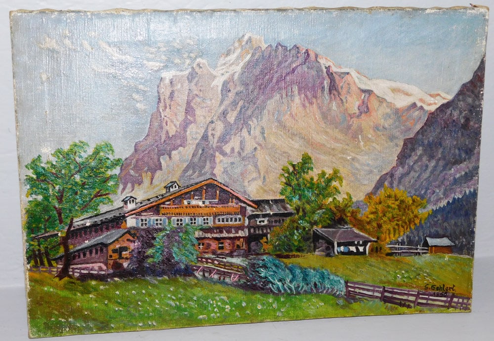 Antique Oil on Canvas of Wetterhorn Mountain Peak in Switzerland, Signed (1 of 6)
