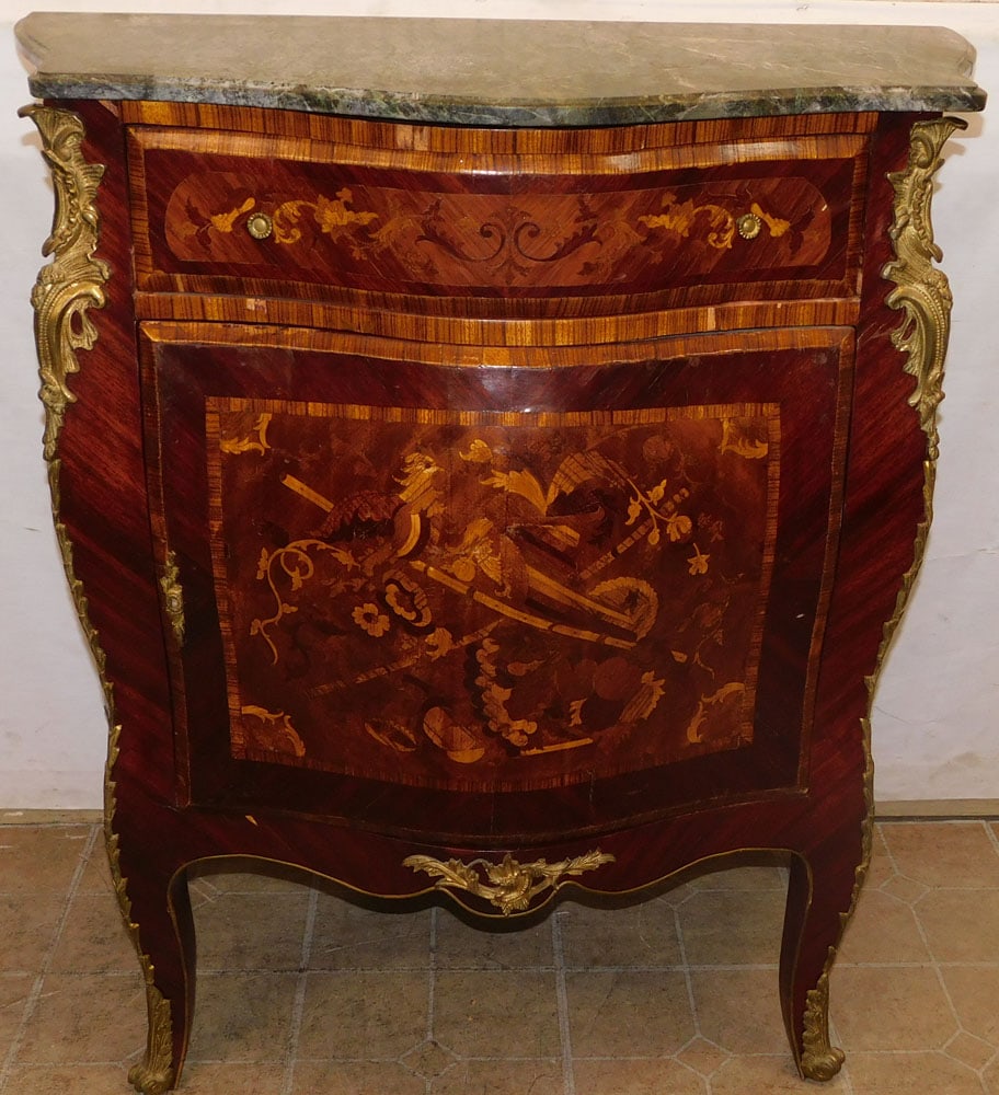 French Marble Top & Rosewood Inlaid Commode with Bronze Ormolu (1 of 7)