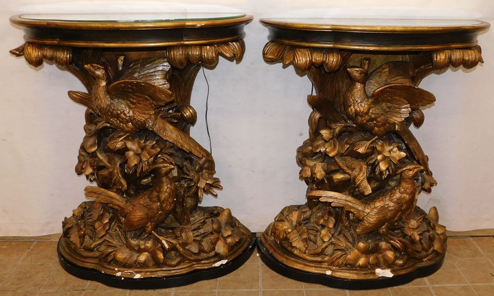 Pair of 3 Part Molded Gesso & Gilded Pheasant Motif Consoles with Lighted Glass Tops: Pair of 3 Part Molded Gesso & Gilded Pheasant Motif Consoles with Lighted Glass Tops. 30 1/2" W 12 1/2" D 35" H "ALL DESCRIPTIONS AND ANY CONDITION STATEMENT GIVEN BY LANGSTON AUCTION GALLERY ARE STRI