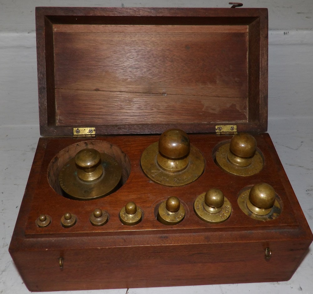 Antique Brass Weights in Mahogany Case (1 of 7)
