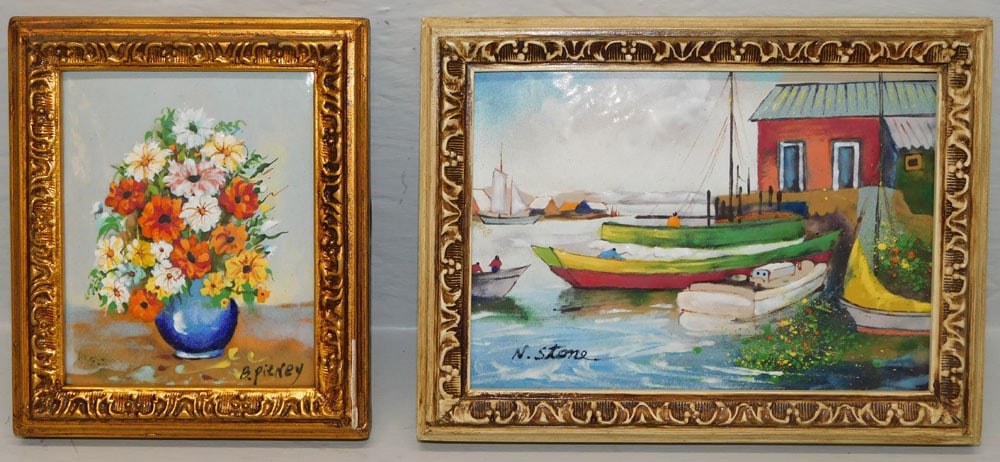 2 Framed Copper Enamel Floral Paintings Signed (1 of 4)