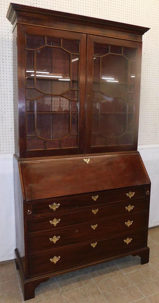 Antique 2 Piece Mahogany Glass Door Secretary with Bird's Eye Maple Interior (1 of 8)