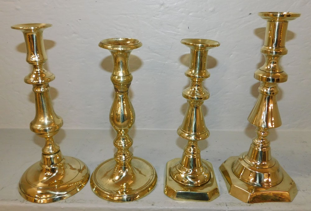 Lot of 4 Polished 19th Century Brass Candlesticks (1 of 2)