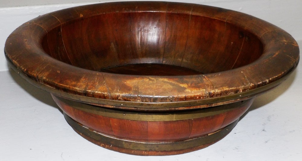 Large Antique Brass Bound Barrel Form Wood Bowl (1 of 5)